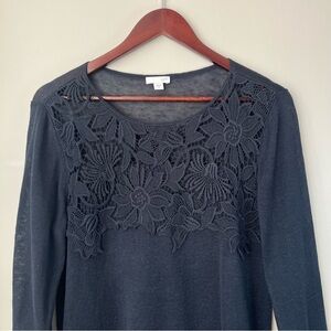 J.Jill Womens M Elegant Dark Blue Floral Crochet Lace Knit Blouse Linen Blend